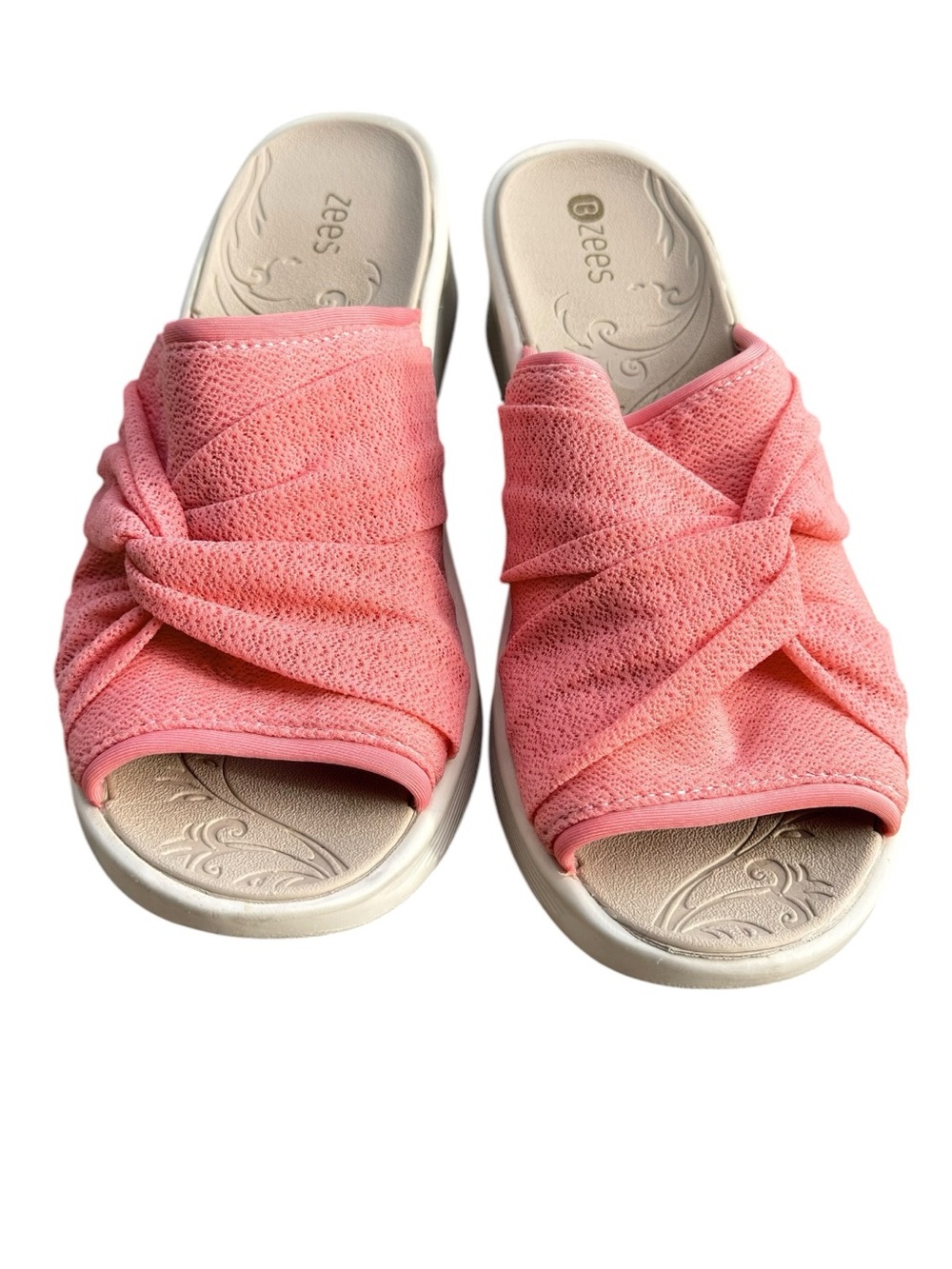 BZees Smile Slide Sandals Pink Knit Comfort Wedge Slip On Women’s Size 10M